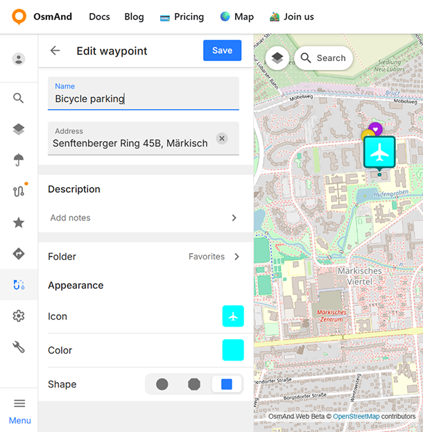 OsmAnd Web Waypoints Panel