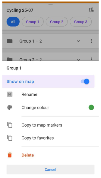Track menu Group menu Android