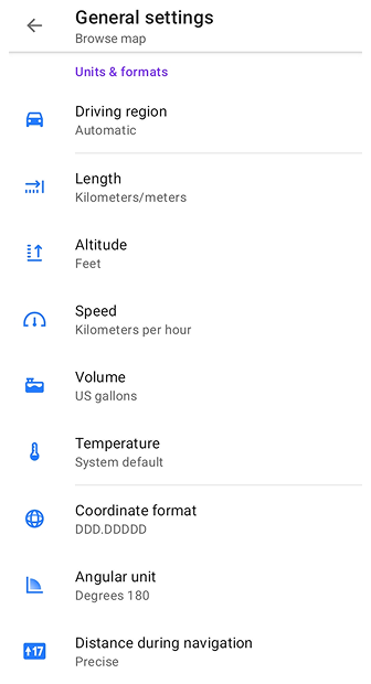 Profiles General Settings Units &amp; formats Android