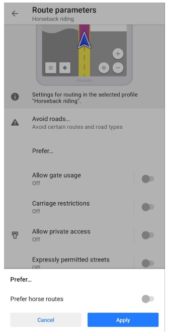 Preferir rutas para caballos Android