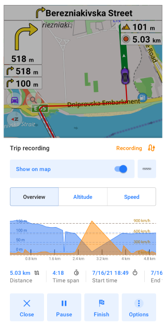 Resumen de grabación de viaje Android