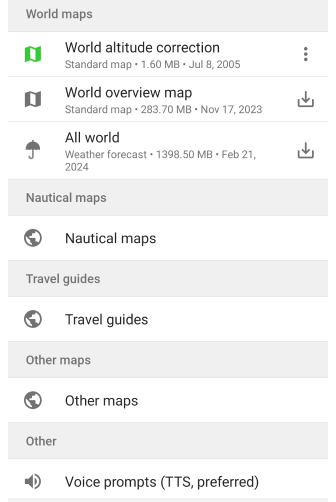 Menu download mappa Android