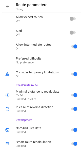 Impostazioni percorso sci Android 2