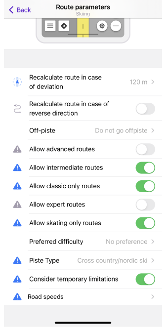 Impostazioni percorso sci iOS 1