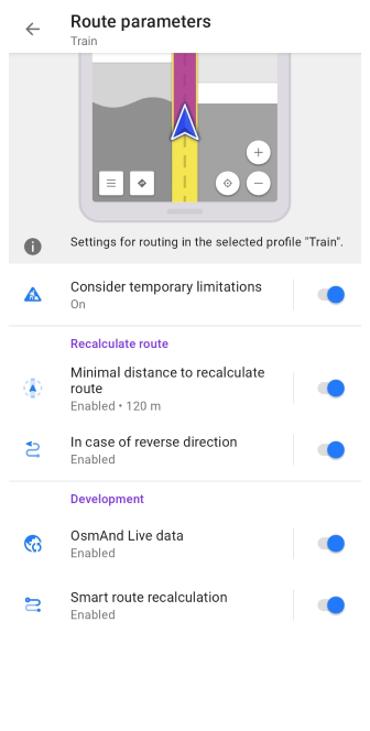 Impostazioni routing treno Android