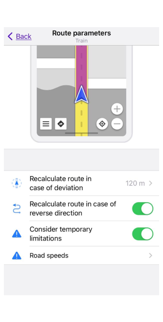 Impostazioni routing treno iOS