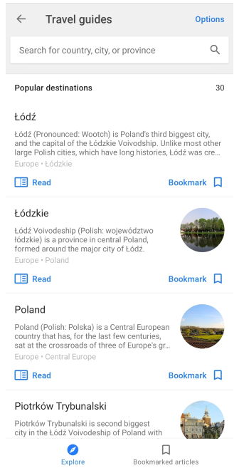 Schermata principale guide di viaggio