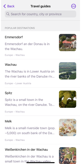 Schermata principale guide di viaggio