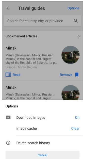 Menu opzioni guide di viaggio