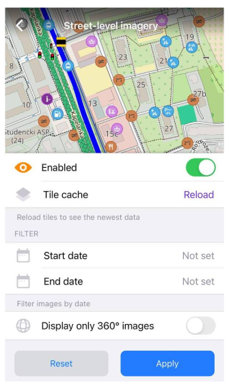 Filtr wtyczki Mapillary iOS