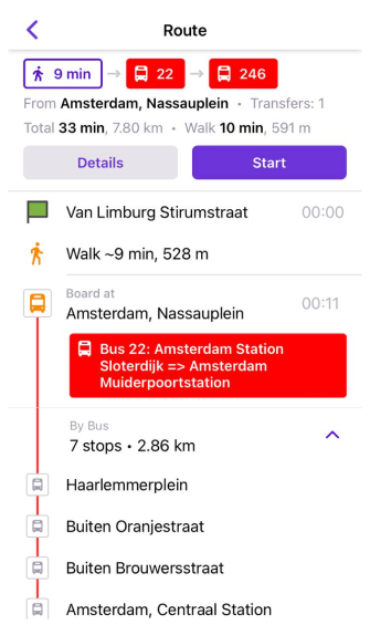Lista przystanków nawigacji komunikacji miejskiej iOS