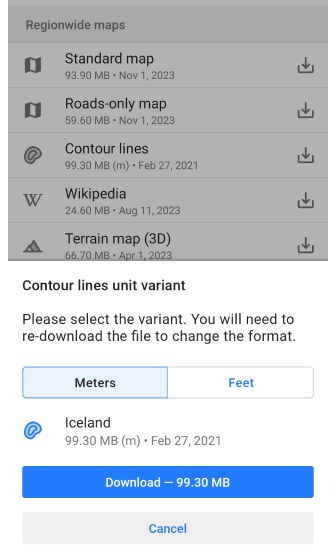 Contour lines download dialog Android