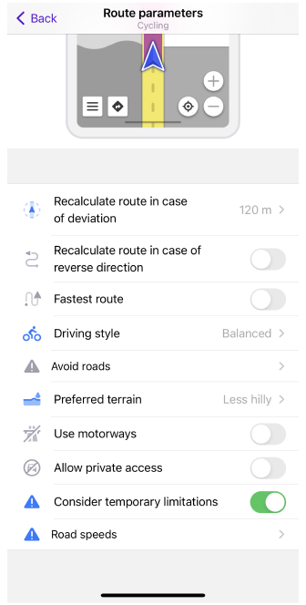 Bicycle routing settings iOS