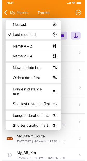 My places tracks sort function iOS