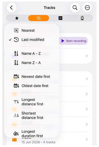 My places tracks sort function iOS