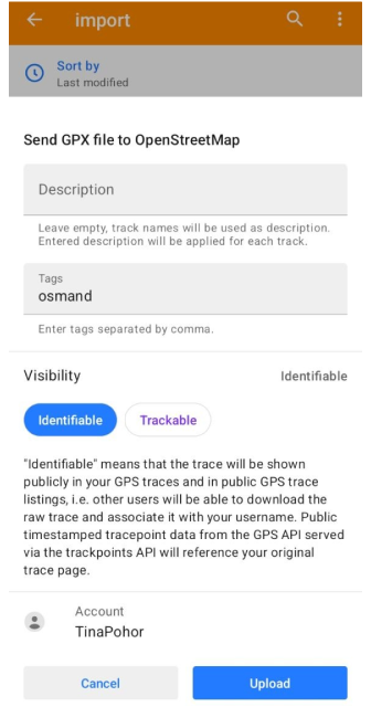 OpenStretMap editing plugin GPX to OSM Android