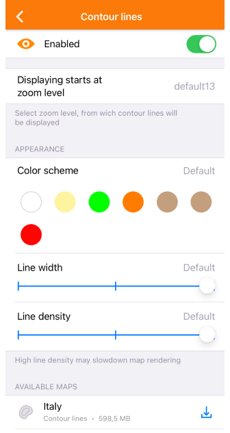 Contour lines menu iOS