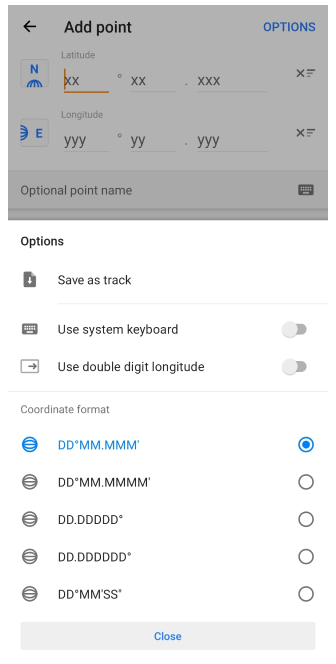 Koordinateneingabe Optionsmenü Android