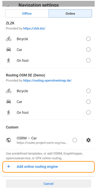 Benutzerdefiniertes Online-Routing Android