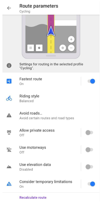 Einstellungen für Fahrrad-Routing