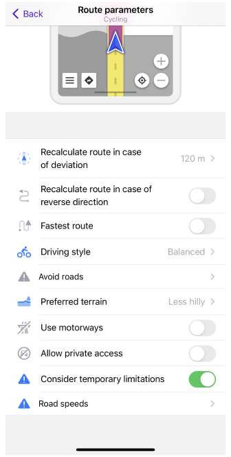 Einstellungen für Fahrrad-Routing iOS