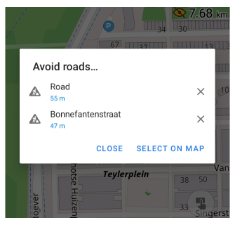 Liste des routes à éviter sur la carte Android