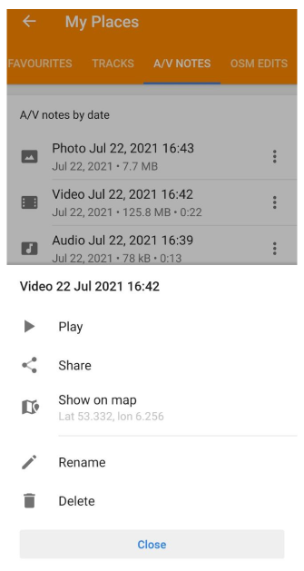 Actions du menu Mes lieux du plugin audio vidéo