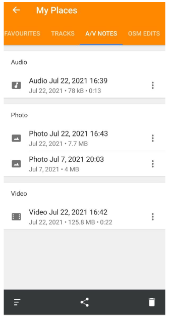 Menu Mes lieux du plugin audio vidéo Trois actions