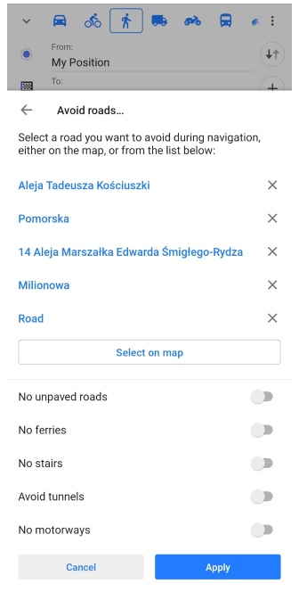 Menu Éviter les routes Android