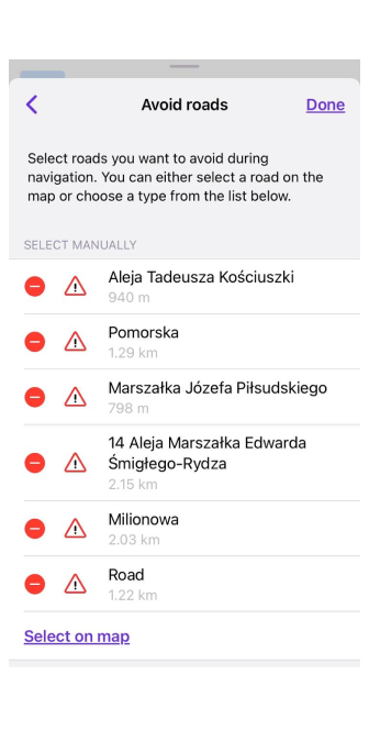 Menu Éviter les routes iOS