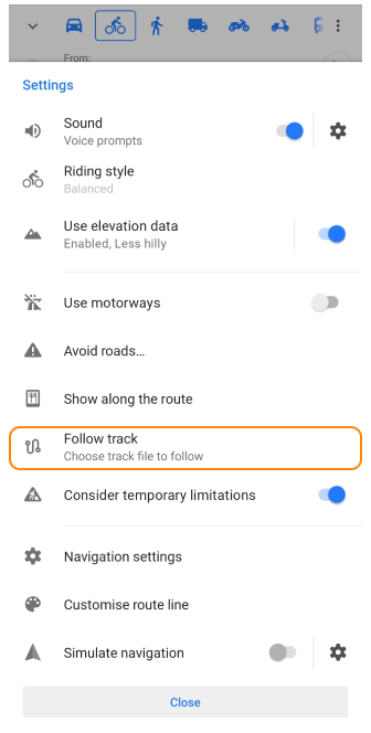 Sélectionner la trace à naviguer Android 1