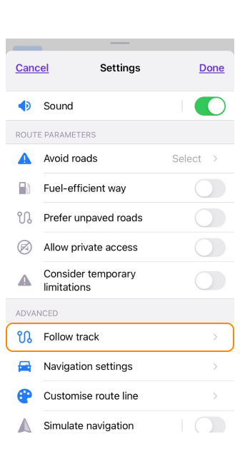 Sélectionner la trace à naviguer iOS 1