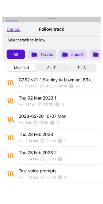 Sélectionner la trace à naviguer iOS 2