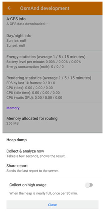 Panneau de vidage du tas Android