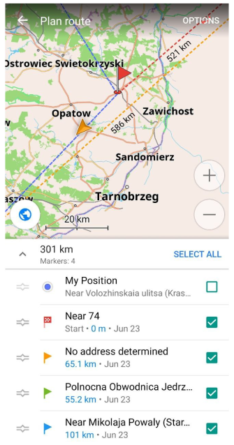 Points de planification d&#39;itinéraire des marqueurs de carte Android