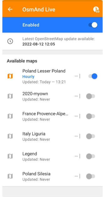 Menu Cartes OsmAnd live Android