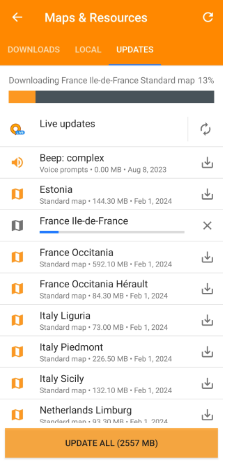Menu Cartes Mettre à jour les cartes Android