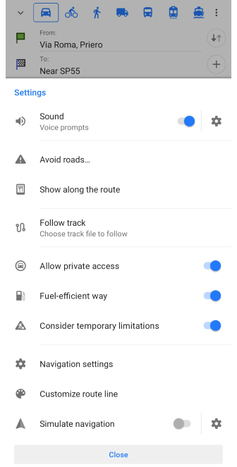 Préparation d&#39;itinéraire Android