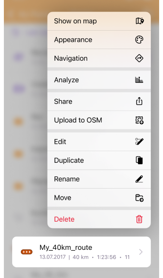 Menu contextuel d&#39;une trace dans iOS
