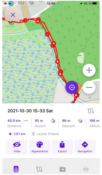 Écran de statistiques de la trace iOS