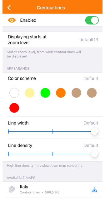 Menu Courbes de niveau iOS
