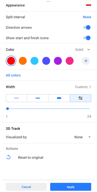 Menu Apparence de la trace Android