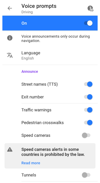 Paramètres de navigation vocale Android
