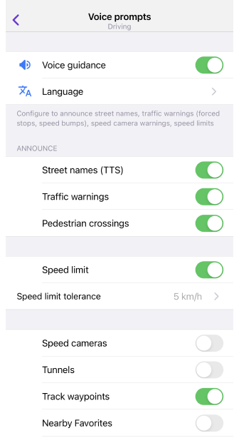 Paramètres de navigation vocale iOS