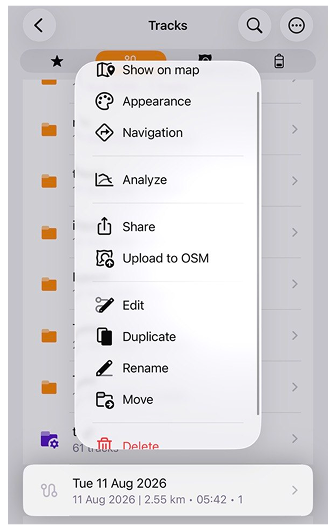Contextmenu van een track in iOS