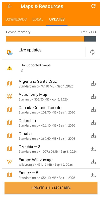 Menu map Aktualizuj mapy Android