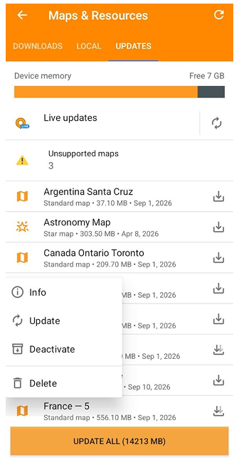 Zakładka Aktualizuj mapy Android