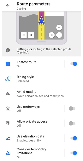 Configurações de roteamento de bicicleta