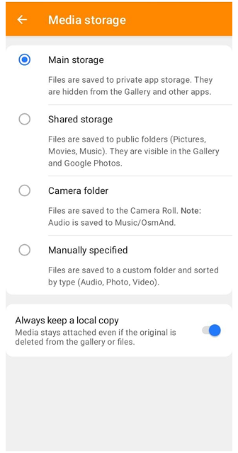 Configurações de Armazenamento de Perfis Android