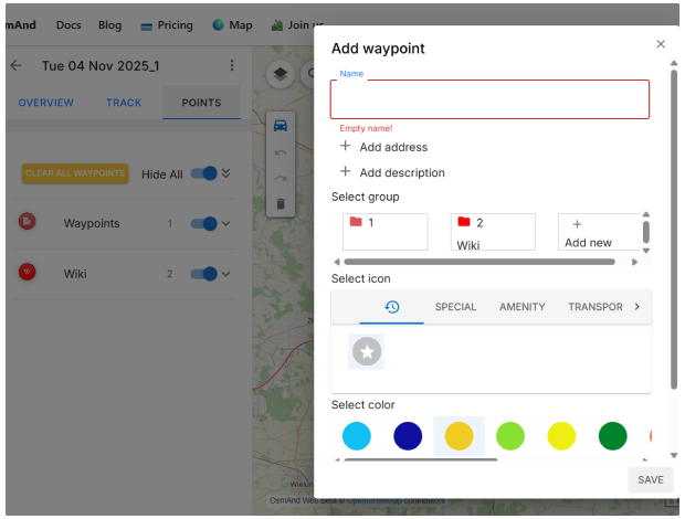 OsmAnd Web Painel de Pontos de Passagem